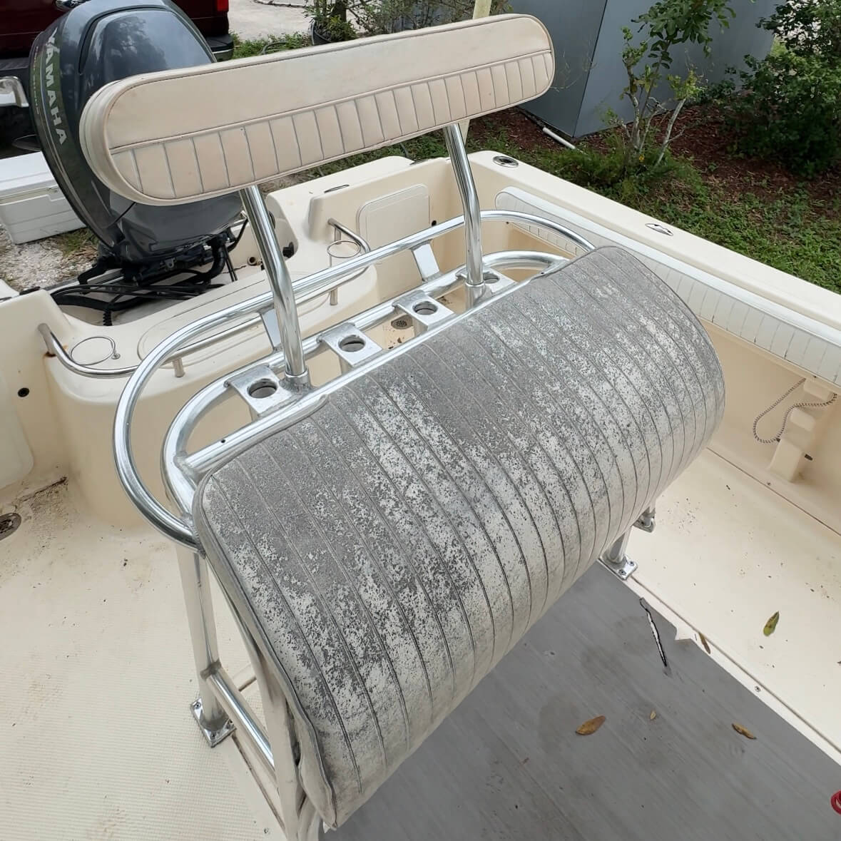 Moldy boat seat before cleaning